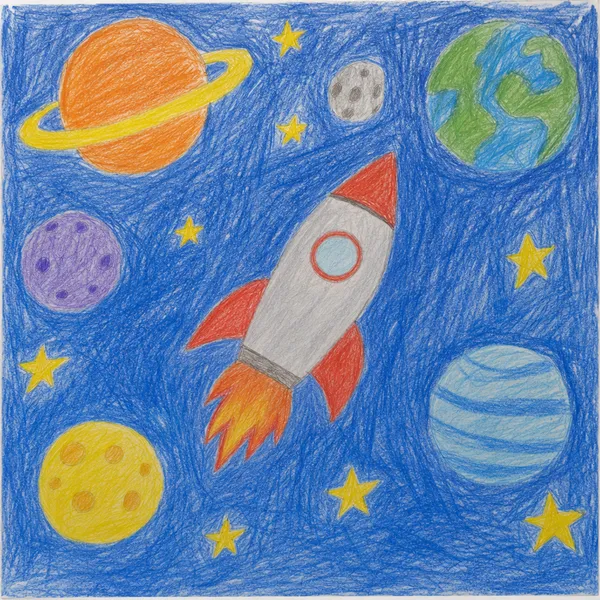 Desen: o rachetă printre planete